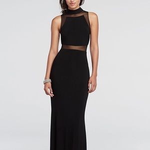 Betsy & Adam Black Gown - Mesh Cutouts, Mock Neck